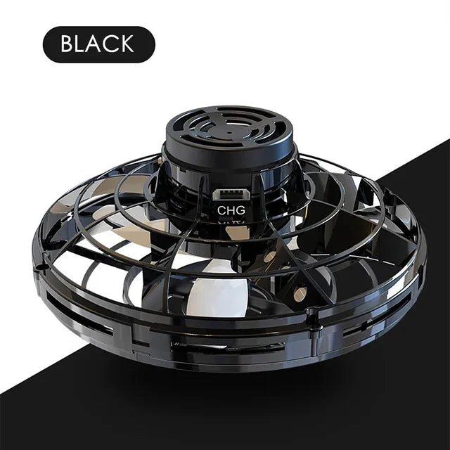 Black flying UFO spinner toy with a circular protective cage, internal blades and a visible charging port