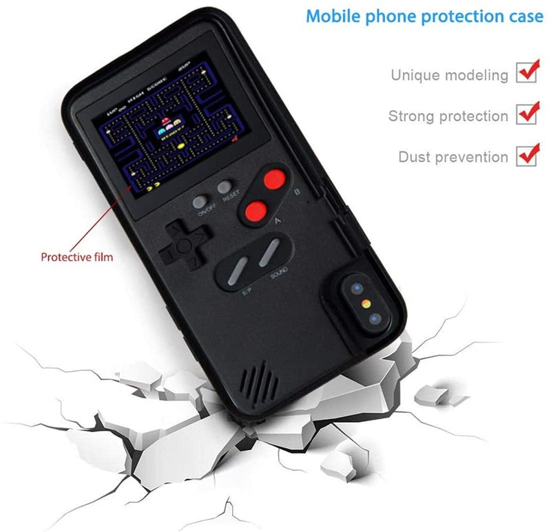 Black Gameboy-style iPhone case above a cracked-surface graphic, with a protective film label and feature checklist