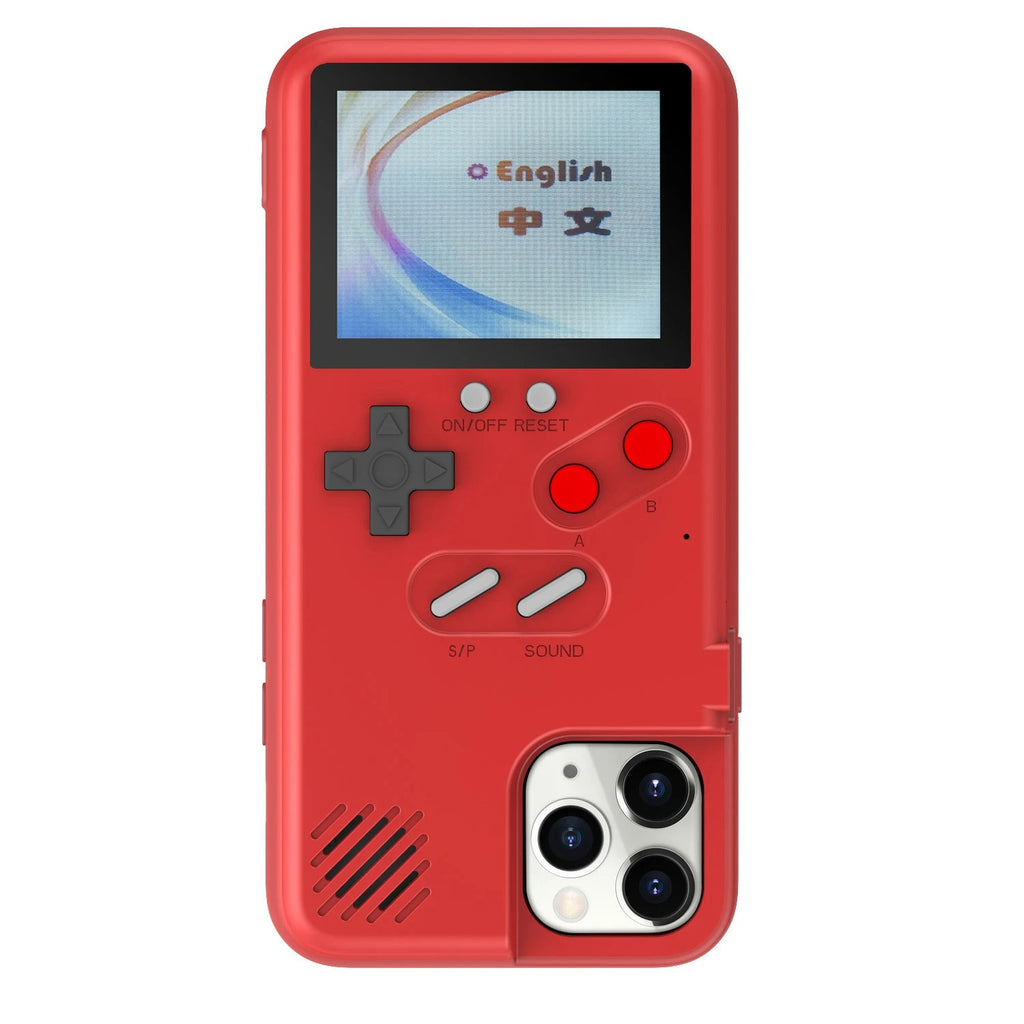 Red Gameboy-style iPhone case with a game screen, gray directional pad, red buttons and camera cutout