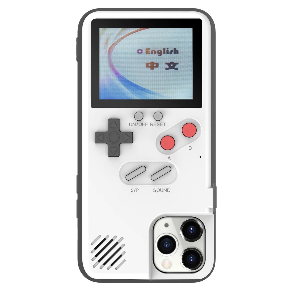 White Gameboy-style iPhone case with a game screen, gray directional pad, red buttons and camera cutout