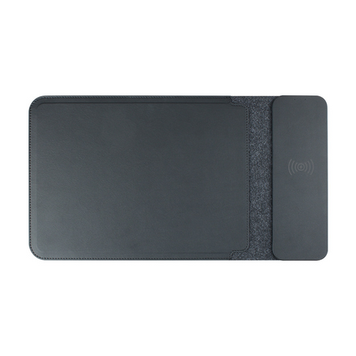 Dark gray wireless charging laptop sleeve laid flat, with stitched edges and a wide closure flap