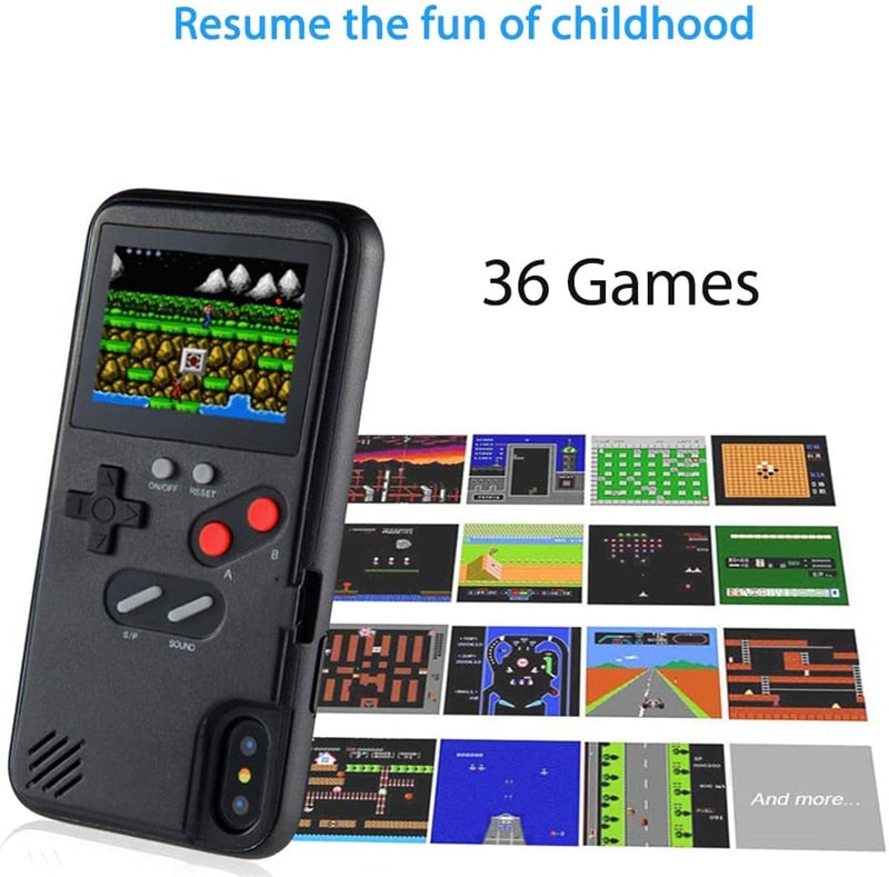 Black Gameboy-style iPhone case beside retro game screenshots and text reading ‘36 Games