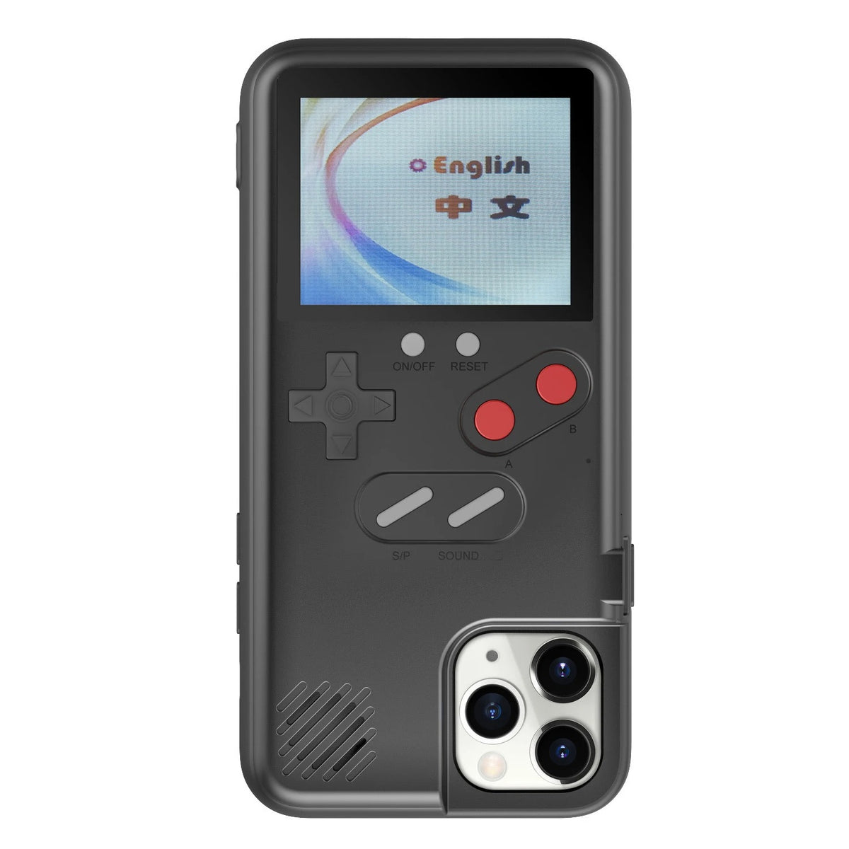 Black iPhone Gameboy-style case with a game screen, directional pad, red buttons and camera cutout