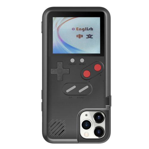 Black iPhone Gameboy-style case with a game screen, directional pad, red buttons and camera cutout