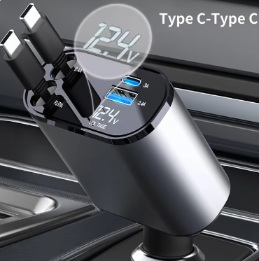 Retractable USB-C car charger in a vehicle socket, with two USB-C cable ends, USB ports and a digital voltage display