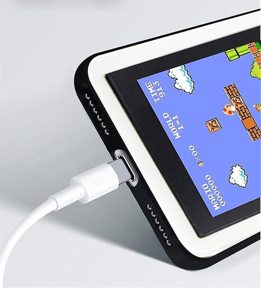 Close-up of the iPhone Nostalgia Gameboy Case showing a retro game screen with a charging cable connected