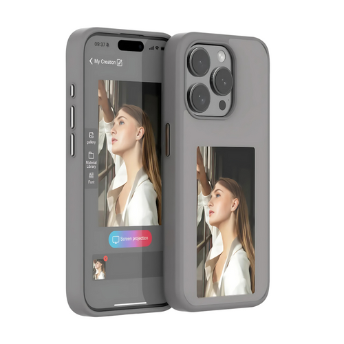 Gray E-Ink phone case shown from front and back, with a woman's portrait on the phone screen and rear display